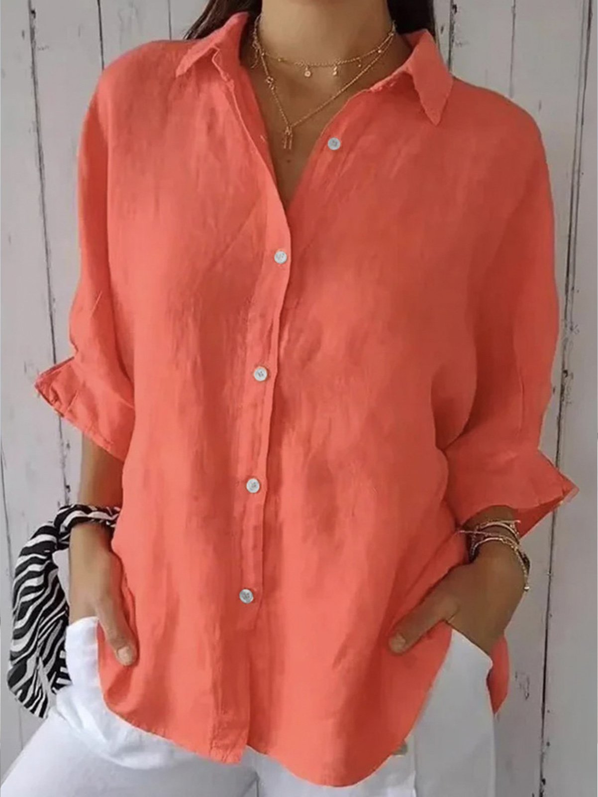 Loose Half Sleeve Shirt Collar Plain Casual Regular Shirt
