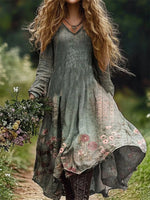 Casual Long Sleeve V Neck Floral Maxi Dress