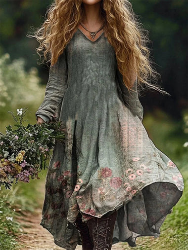 Casual Long Sleeve V Neck Floral Maxi Dress