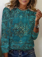 Casual Long Sleeve Crew Neck Ethnic Loose Regular T-Shirt