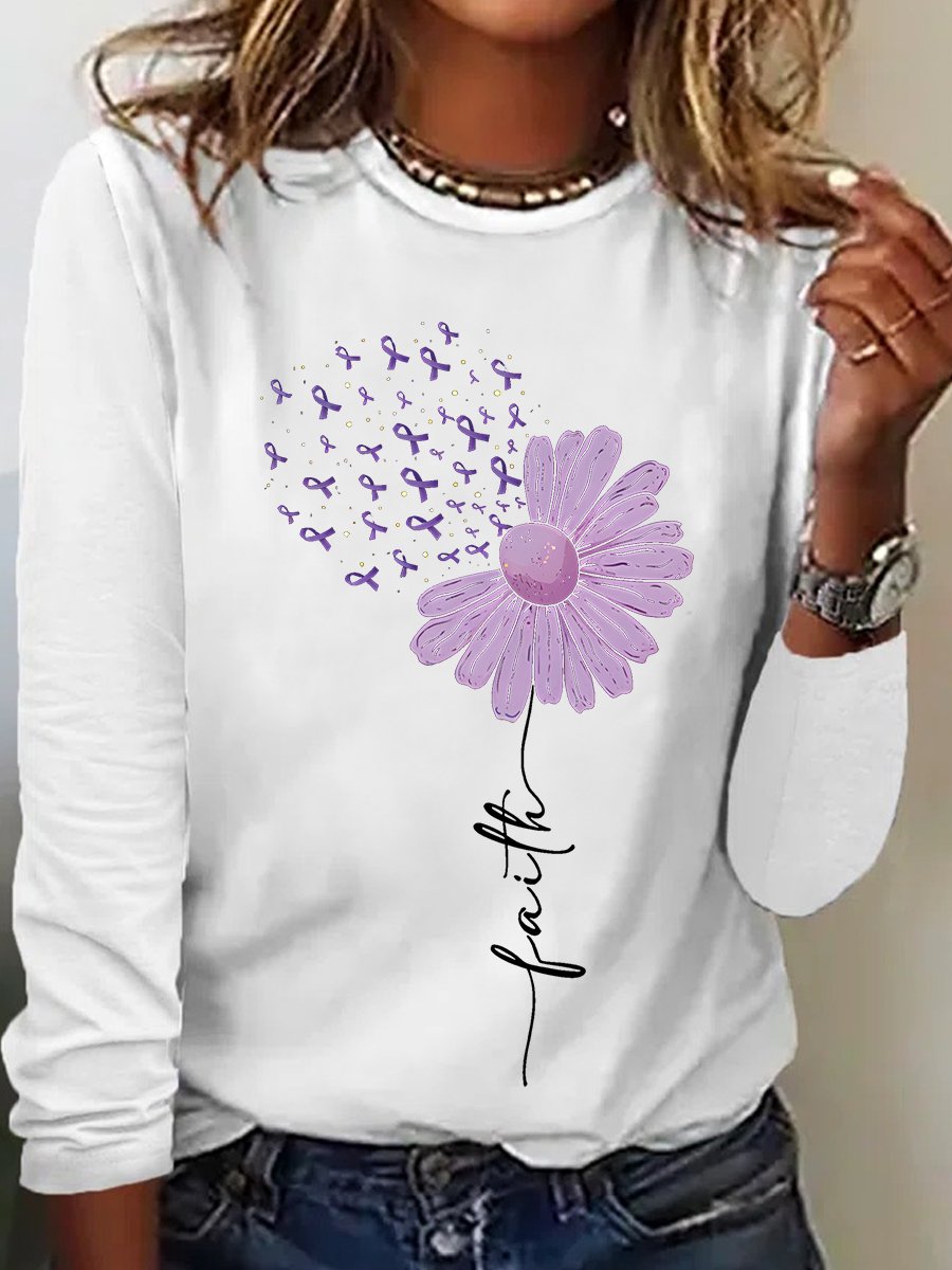 Loose Long Sleeve Crew Neck Floral Casual Regular Blouse