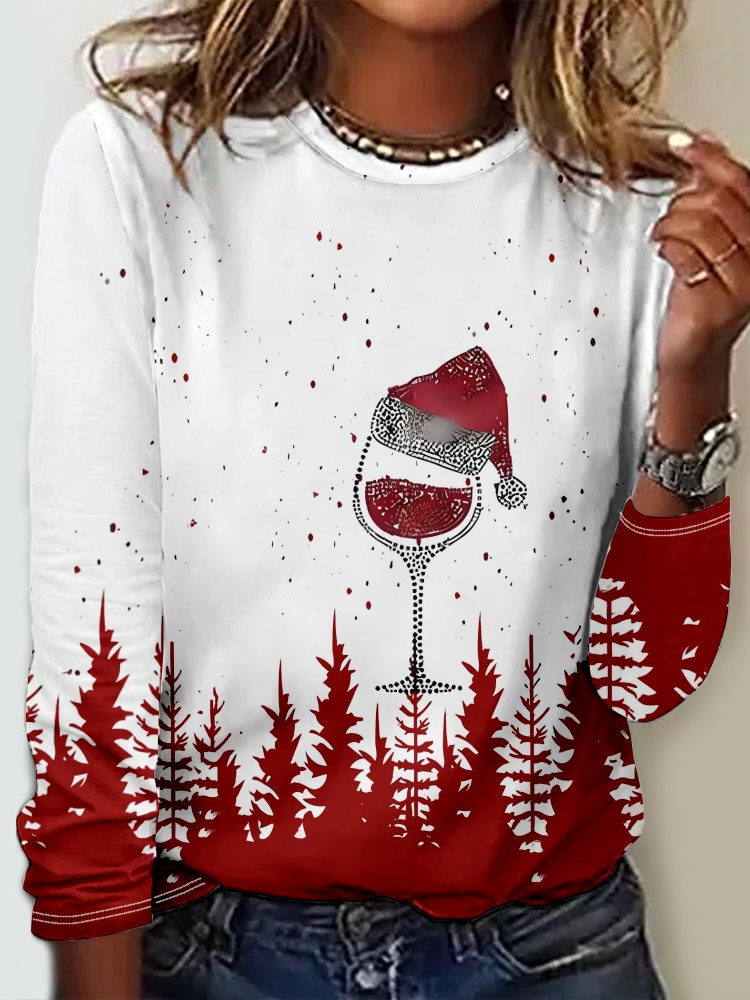 Loose Long Sleeve Crew Neck Christmas Casual Regular T-Shirt