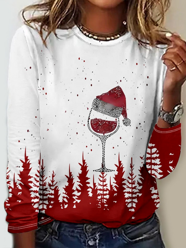 Loose Long Sleeve Crew Neck Christmas Casual Regular T-Shirt