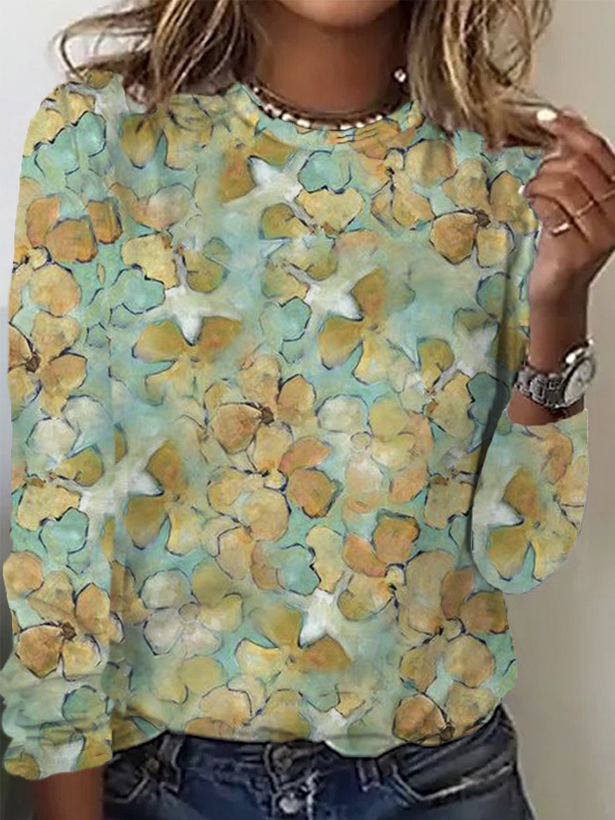 Casual Long Sleeve Crew Neck Floral Loose Regular T-Shirt