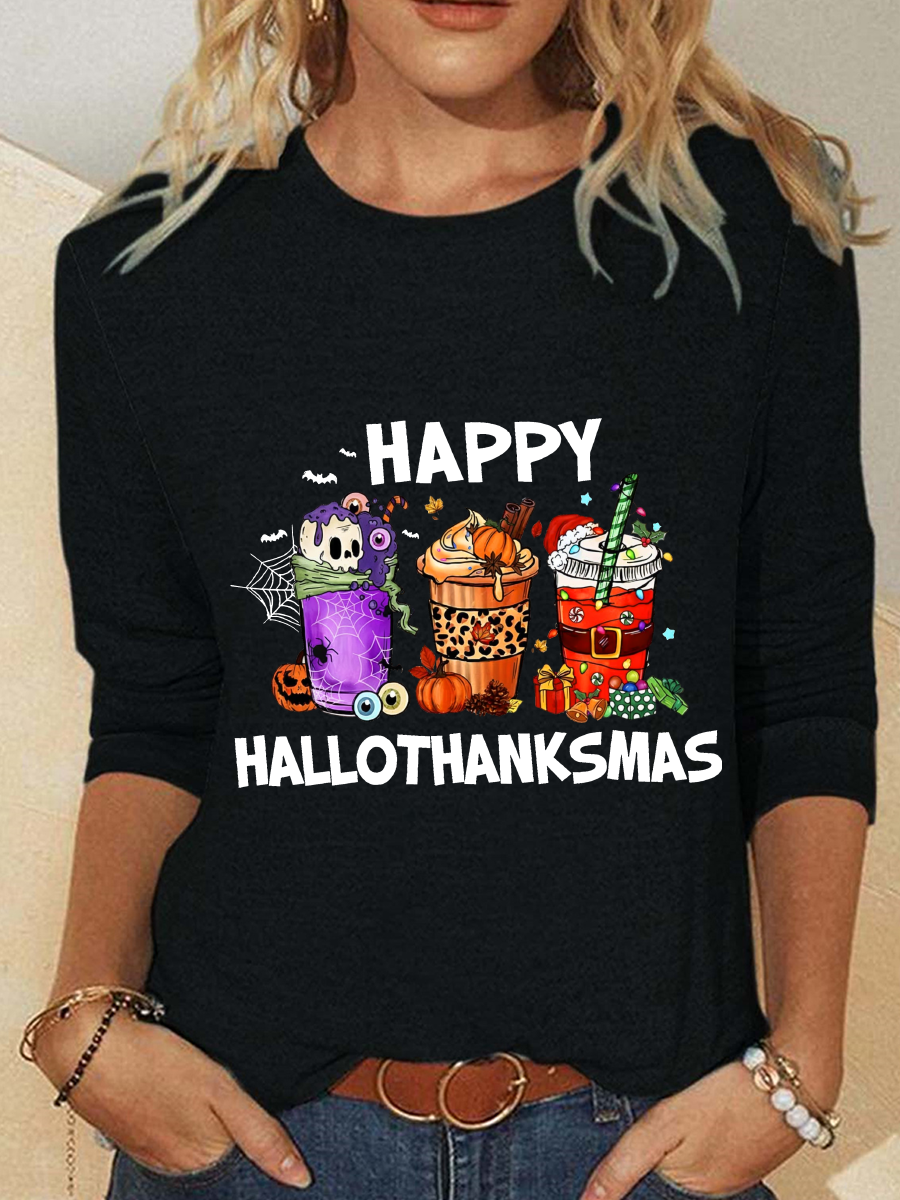 Casual Long Sleeve Crew Neck Christmas Loose Regular T-Shirt