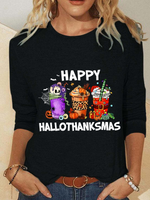 Casual Long Sleeve Crew Neck Christmas Loose Regular T-Shirt