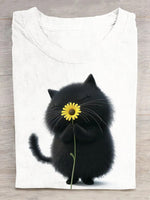 Casual Short Sleeve Crew Neck Cat Loose Regular T-Shirt