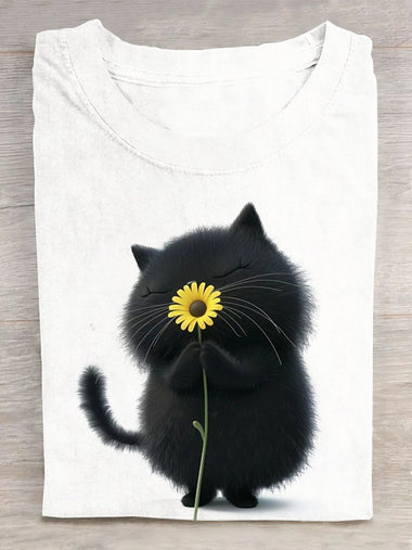 Casual Short Sleeve Crew Neck Cat Loose Regular T-Shirt