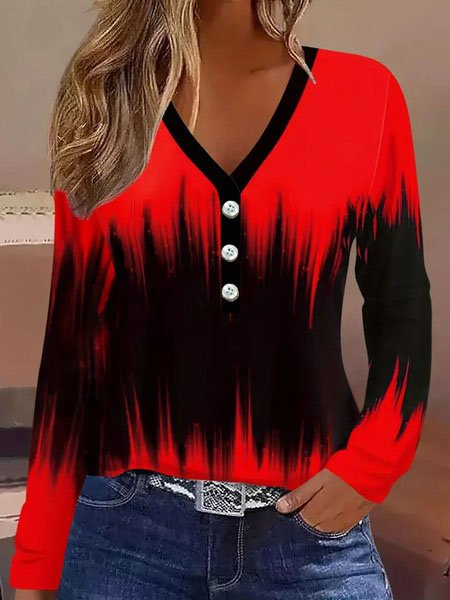 Casual Long Sleeve V Neck Ombre Loose Regular T-Shirt