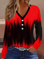 Casual Long Sleeve V Neck Ombre Loose Regular T-Shirt