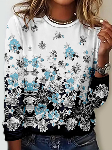 Loose Long Sleeve Crew Neck Floral Casual Regular T-Shirt