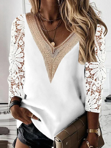 Casual Long Sleeve V Neck Plain Loose Regular Blouse
