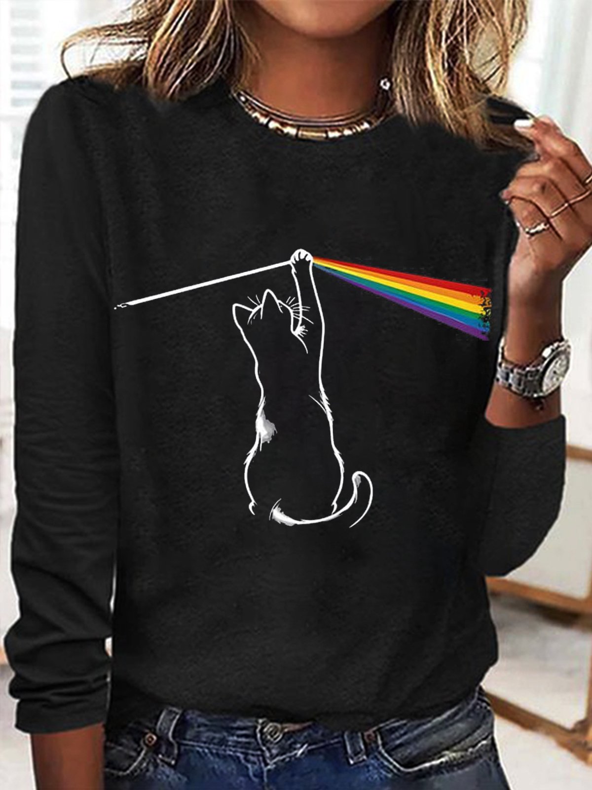 Casual Long Sleeve Crew Neck Cat Loose Regular T-Shirt