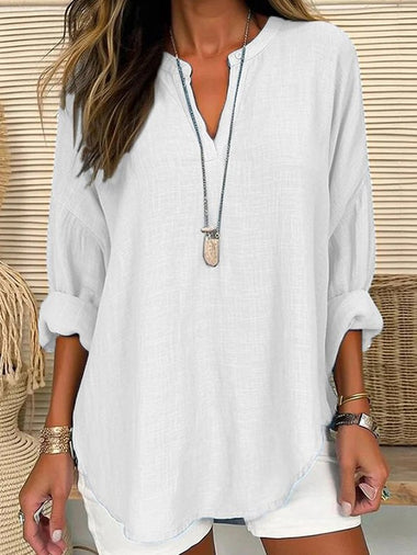 Casual Long Sleeve Notched Plain Loose Mid-Long Blouse