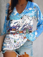 Casual Long Sleeve V Neck Christmas Loose Mid-Long T-Shirt