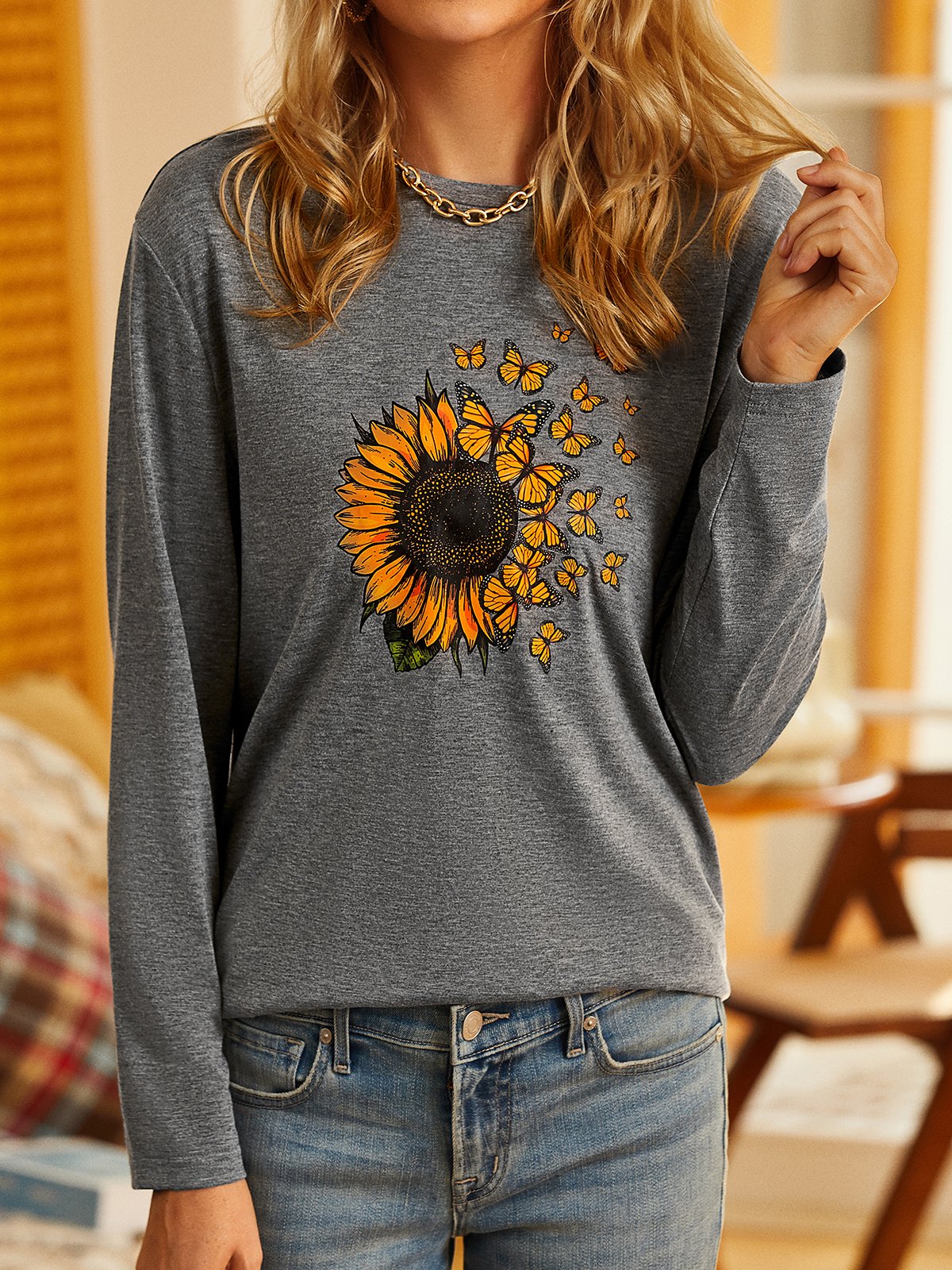 Casual Long Sleeve Crew Neck Sunflower Loose Regular T-Shirt