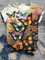 Casual Short Sleeve Crew Neck Floral Butterfly Loose Regular T-Shirt