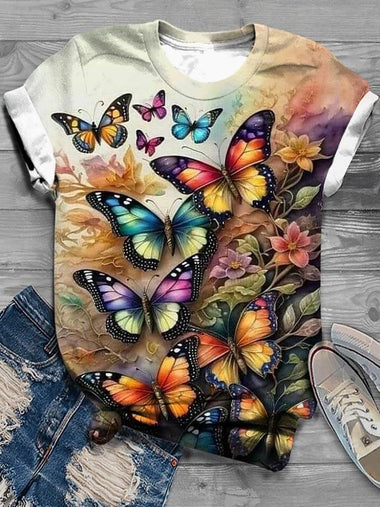 Casual Short Sleeve Crew Neck Floral Butterfly Loose Regular T-Shirt