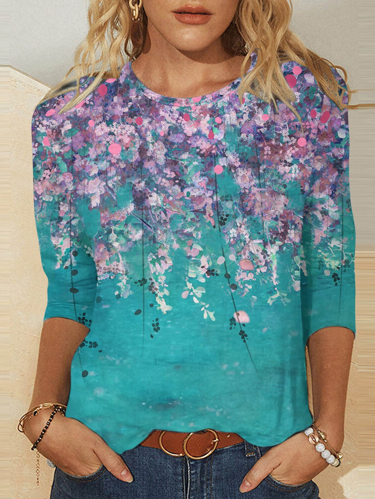 Casual Three Quarter Sleeve Crew Neck Floral Loose Regular T-Shirt