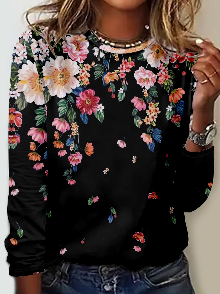Loose Long Sleeve Crew Neck Floral Casual Regular T-Shirt