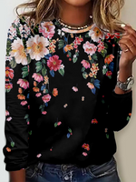 Loose Long Sleeve Crew Neck Floral Casual Regular T-Shirt