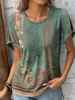 Loose Short Sleeve Crew Neck Floral Casual Mid-Long Blouse