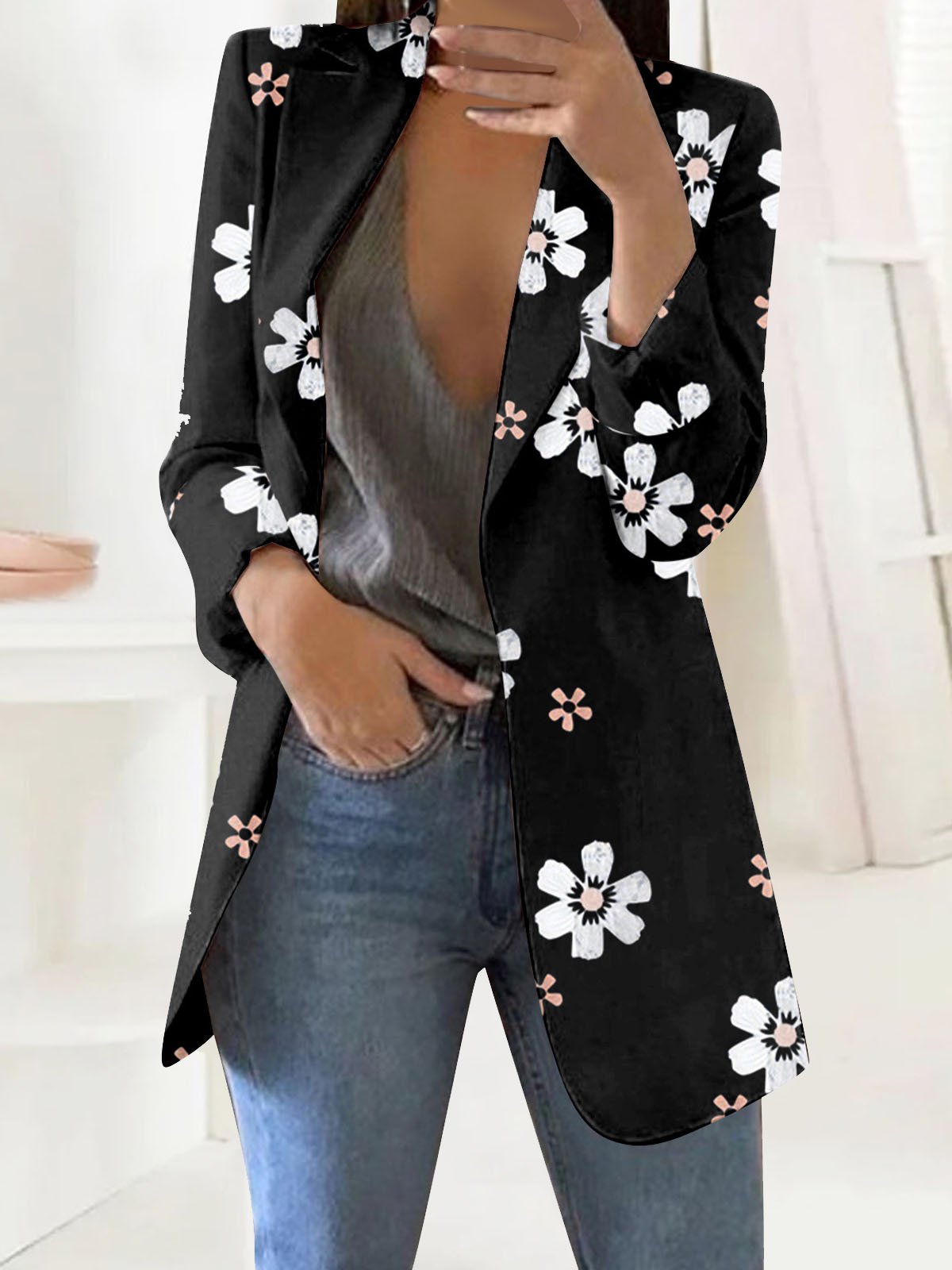 Loose Lapel Collar Long Sleeve Floral Casual Mid-Long Jacket