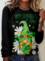 Casual Long Sleeve Crew Neck Four-Leaf Clover Loose Regular T-Shirt