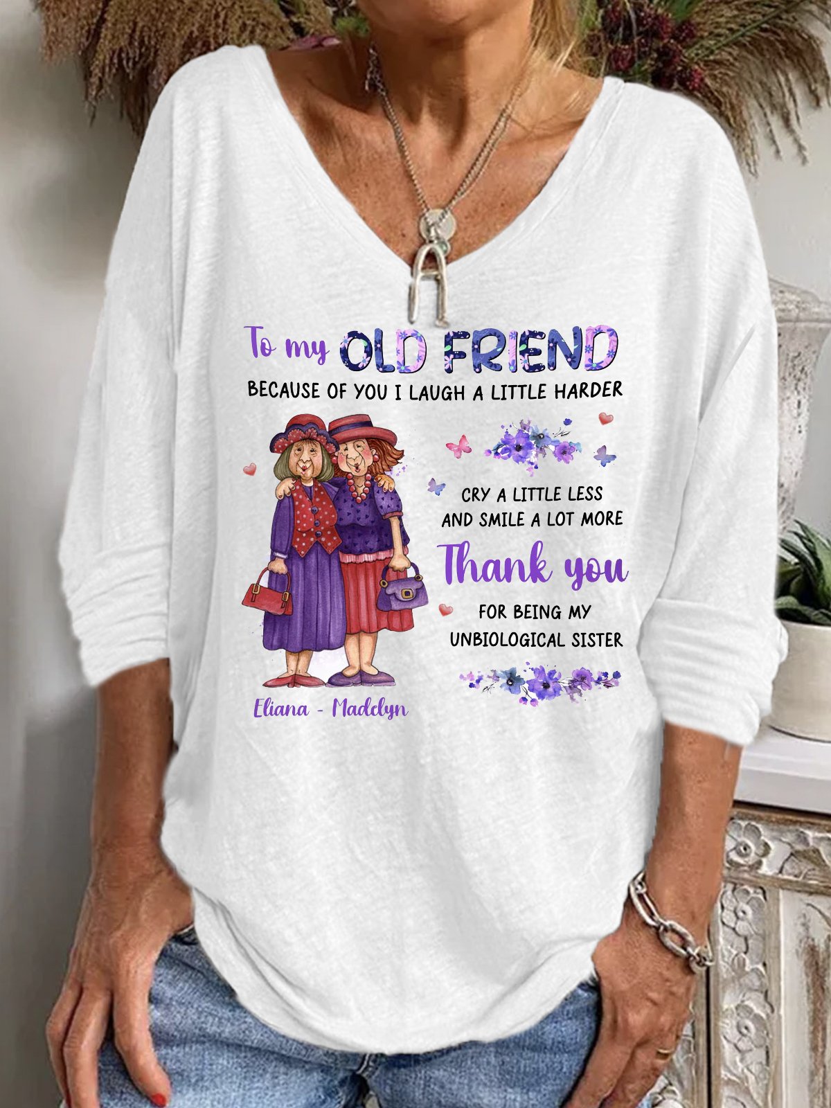 Casual Long Sleeve V Neck Ethnic Floral Loose Regular T-Shirt