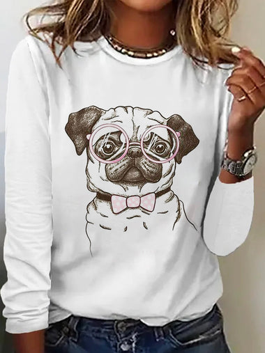 Loose Long Sleeve Crew Neck Dog Casual Regular T-Shirt