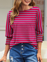 Casual Long Sleeve Crew Neck Striped Loose Regular Blouse