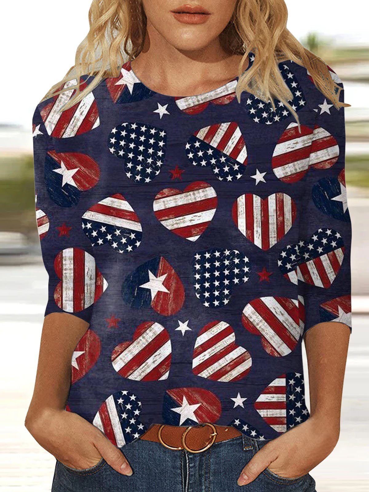 Casual Half Sleeve Crew Neck America Flag Loose Regular T-Shirt