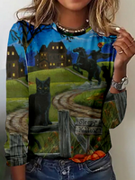 Loose Long Sleeve Crew Neck Halloween Casual Regular T-Shirt