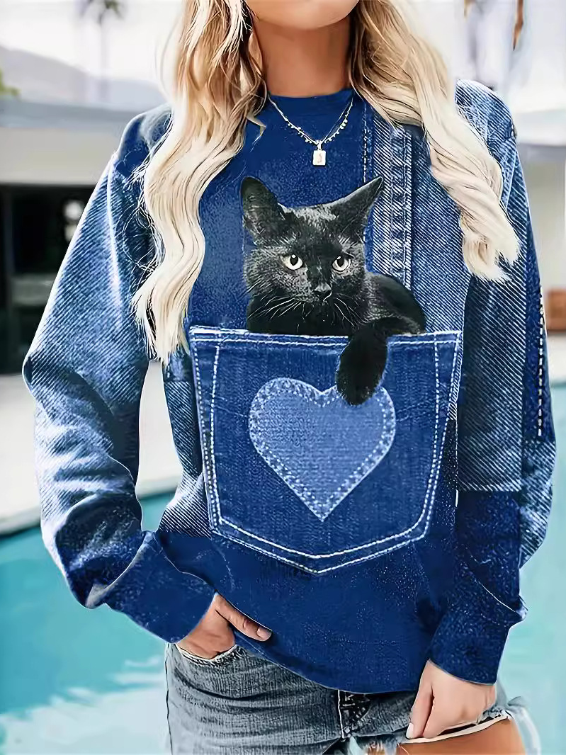 Loose Long Sleeve Crew Neck Cat Zipper Casual Regular Sweatshirt