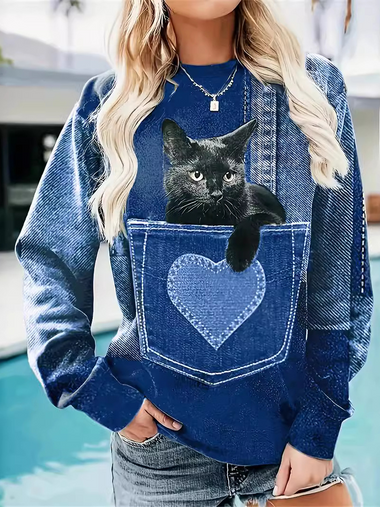 Loose Long Sleeve Crew Neck Cat Zipper Casual Regular Sweatshirt
