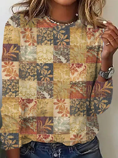 Loose Long Sleeve Crew Neck Ethnic Casual Regular T-Shirt