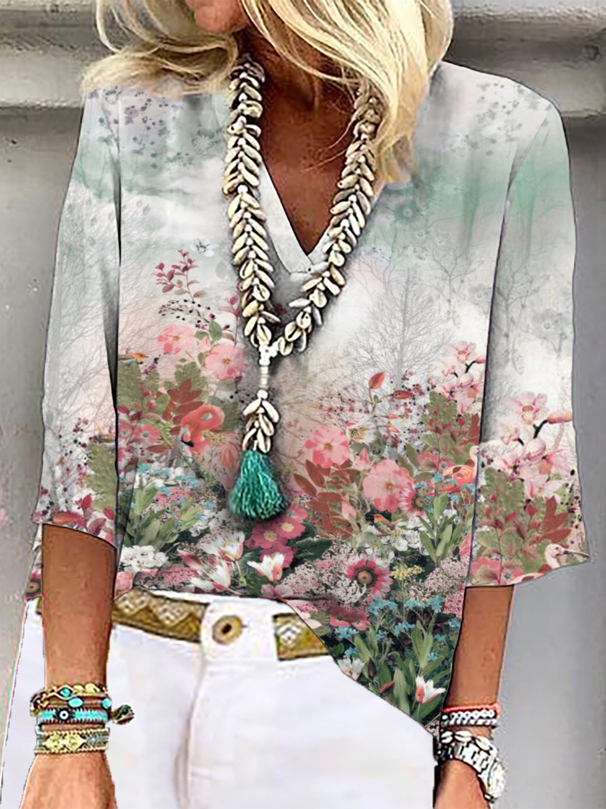 Casual Three Quarter Sleeve V Neck Floral Regular Blouse