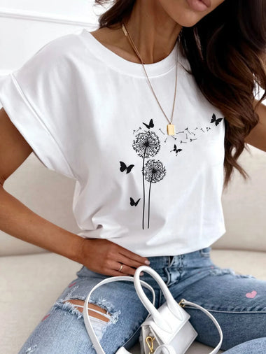 Casual Short Sleeve Crew Neck Dandelion Loose Regular T-Shirt