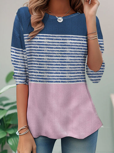 Casual Long Sleeve Crew Neck Striped Loose Regular T-Shirt