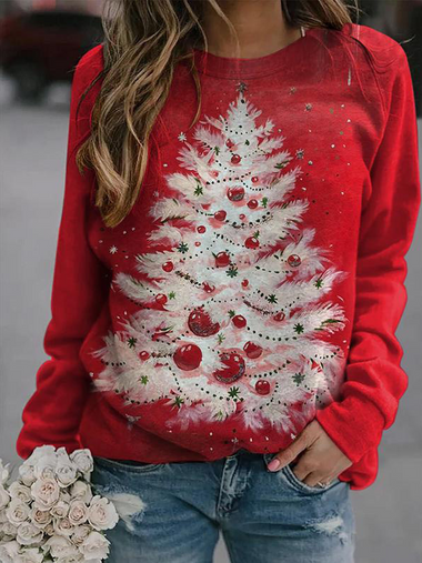 Casual Long Sleeve Crew Neck Christmas Tree Zipper Loose Regular Sweatshirt
