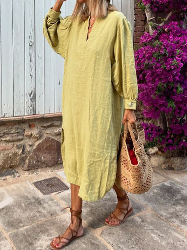 Casual Long Sleeve V Neck Plain Maxi Dress