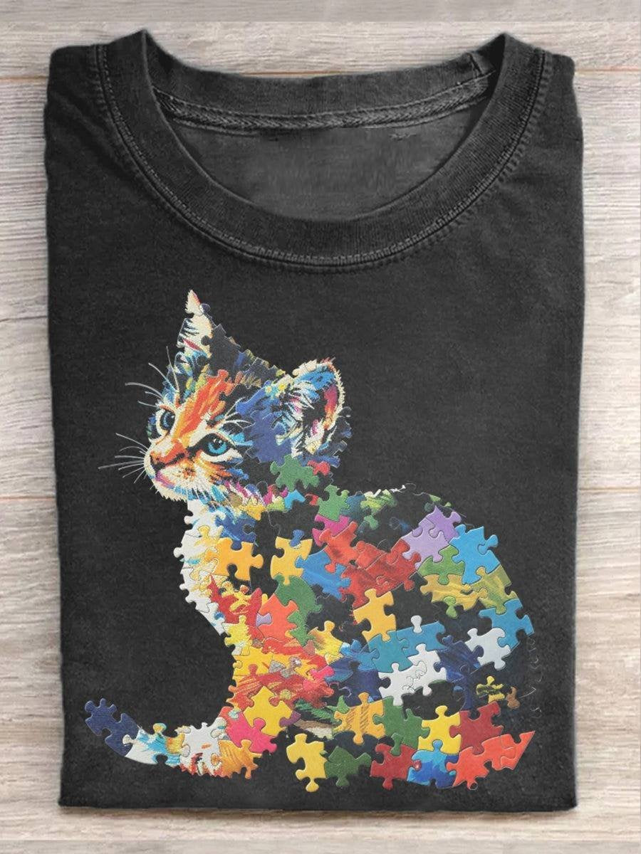 Casual Long Sleeve Crew Neck Cat Loose Regular T-Shirt