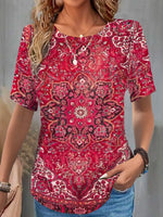 Loose Short Sleeve Crew Neck Ethnic Casual Regular Blouse