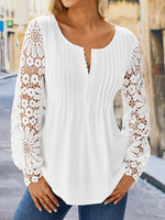 Casual Long Sleeve Notched Plain Hollow Out Loose Regular Blouse