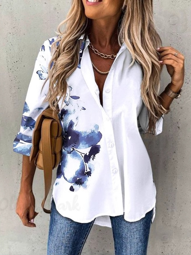 Casual Long Sleeve Shirt Collar Ethnic Floral Loose Regular Shirt