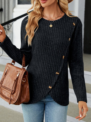 Casual Long Sleeve Crew Neck Plain Irregular Craftsmanship Loose Regular T-Shirt