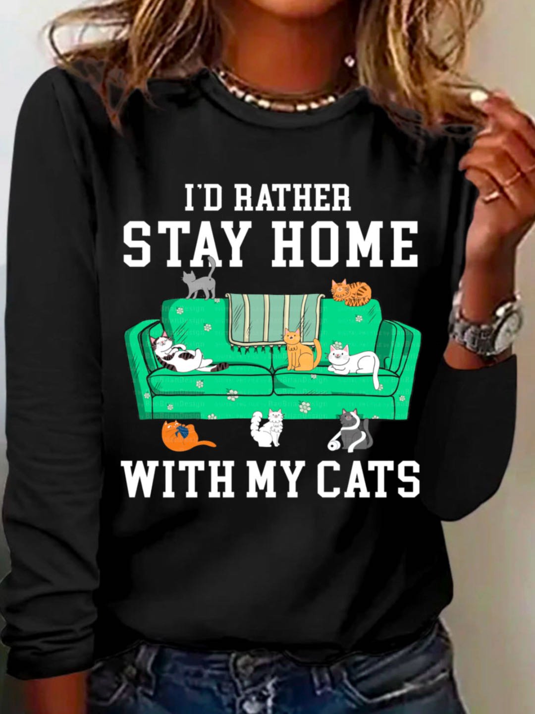 Casual Long Sleeve Crew Neck Cat Loose Regular T-Shirt