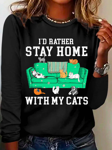 Casual Long Sleeve Crew Neck Cat Loose Regular T-Shirt