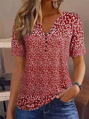 Casual Short Sleeve Crew Neck Floral Loose Mid-Long Blouse