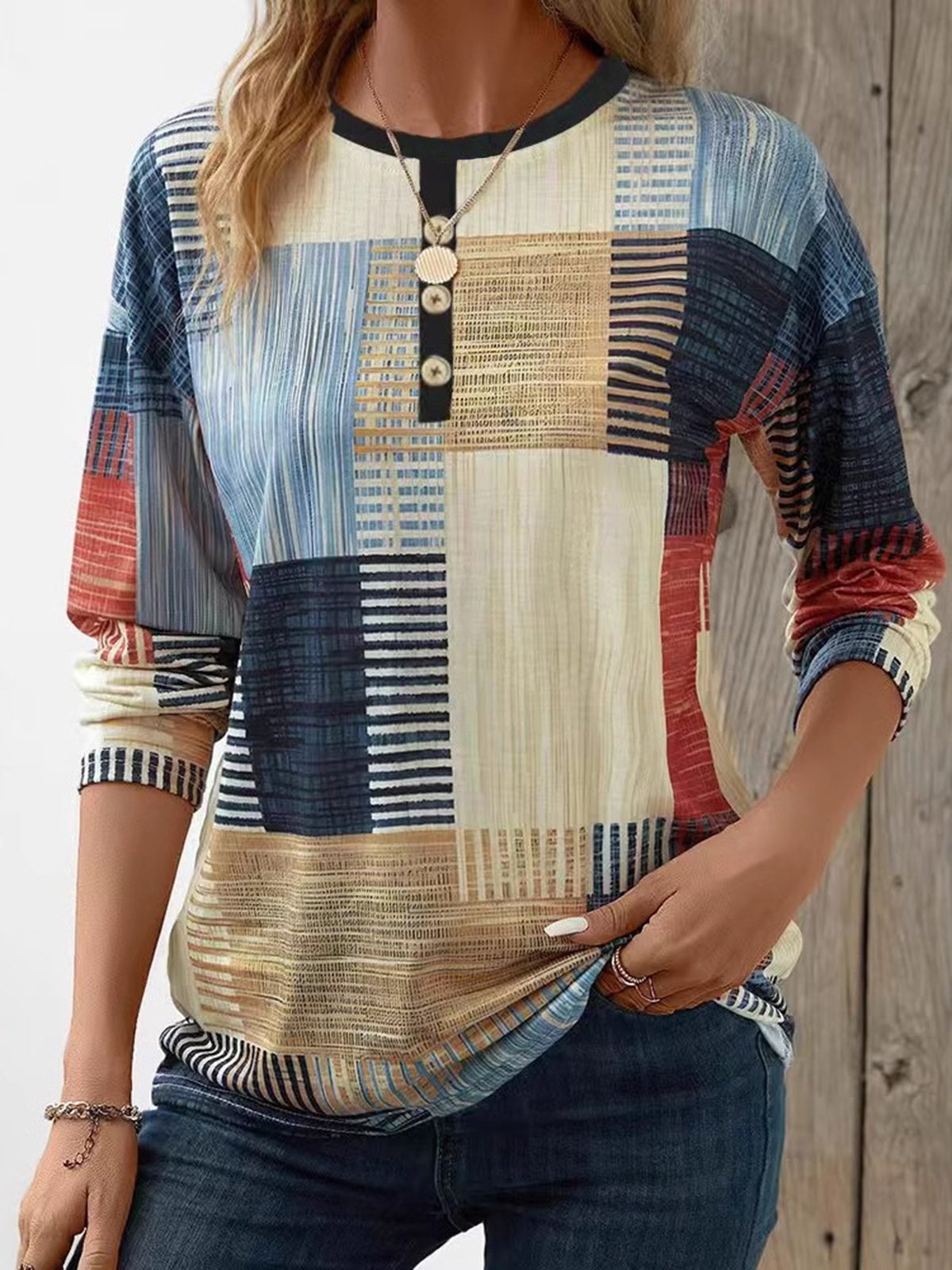 Casual Long Sleeve Cold Shoulder Colorblock Loose Regular Blouse